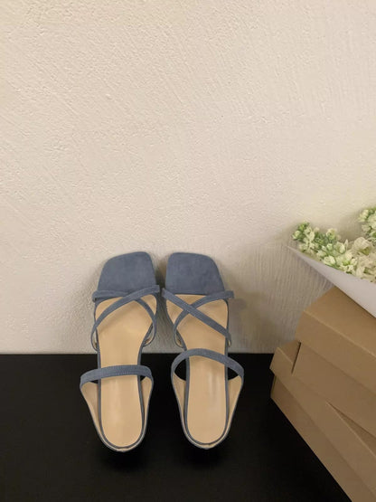 Block Heel Square Toe Women Sandals Summer Outdoor Suede Fairy 3cm Cross Strap Gorgeous Slide Sandals Open Toe French Style