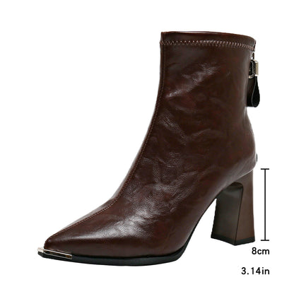 French Style Block Heel Spring Autumn Winter New Ankle Boots Slimming Match Skirt Warm Pointed Toe High Heel Boots Fashion Elegant Fashion Boots