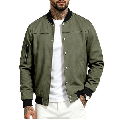 Mens Suede-Blend Casual Sporty Stand-Neck Jacket With Buttons