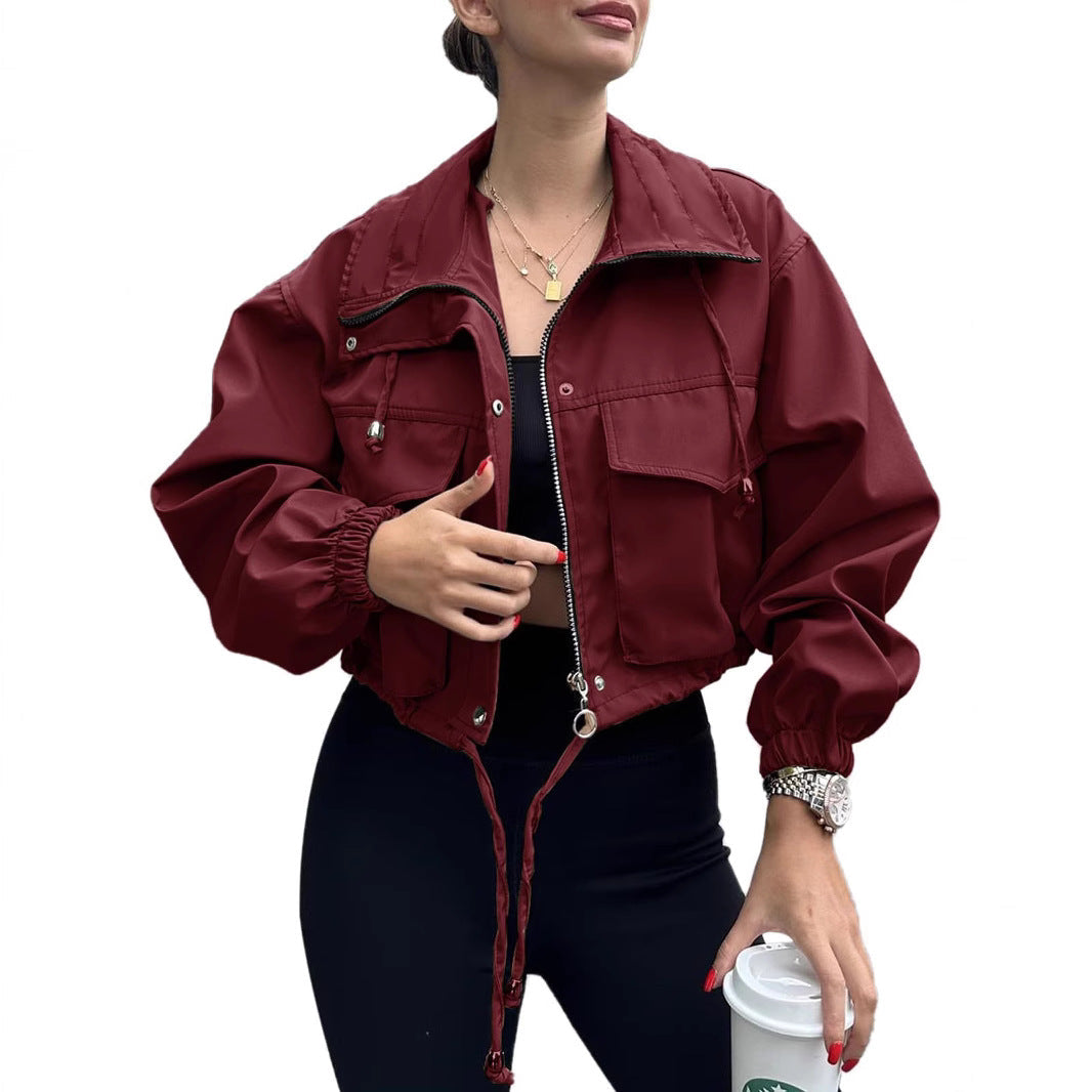 Cross-Border European And American Autum New Women's Pure Color Women's Short Jacket Zipper Windbreaker Jacket