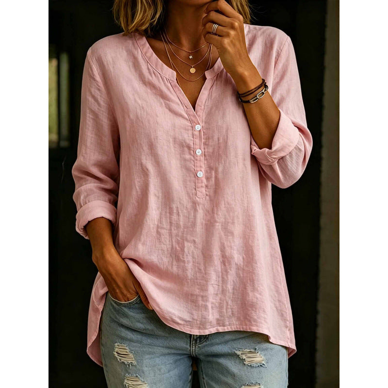 Womens Solid-Color Casual Loose-Fit Button-Up Shirt