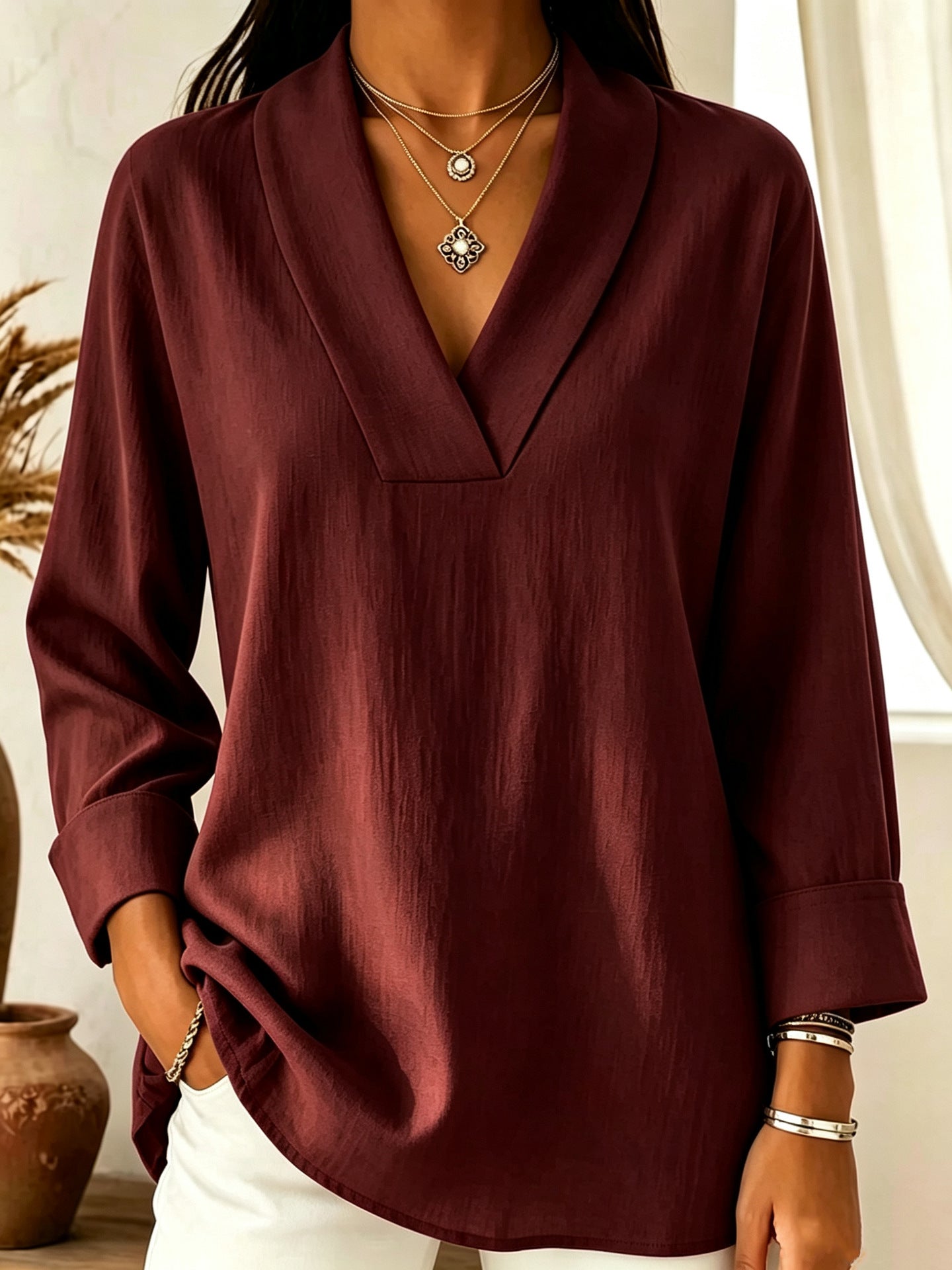 Womens Relaxed-fit Three-quarter-sleeve V-neck Blouse