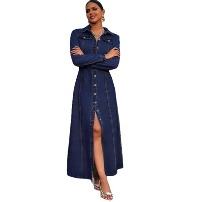 European And American Style New Plus-Size Women's Clothing With Button-Down Design, Long-Sleeved Long Coat-Style Dress, Denim Long Trench Coat