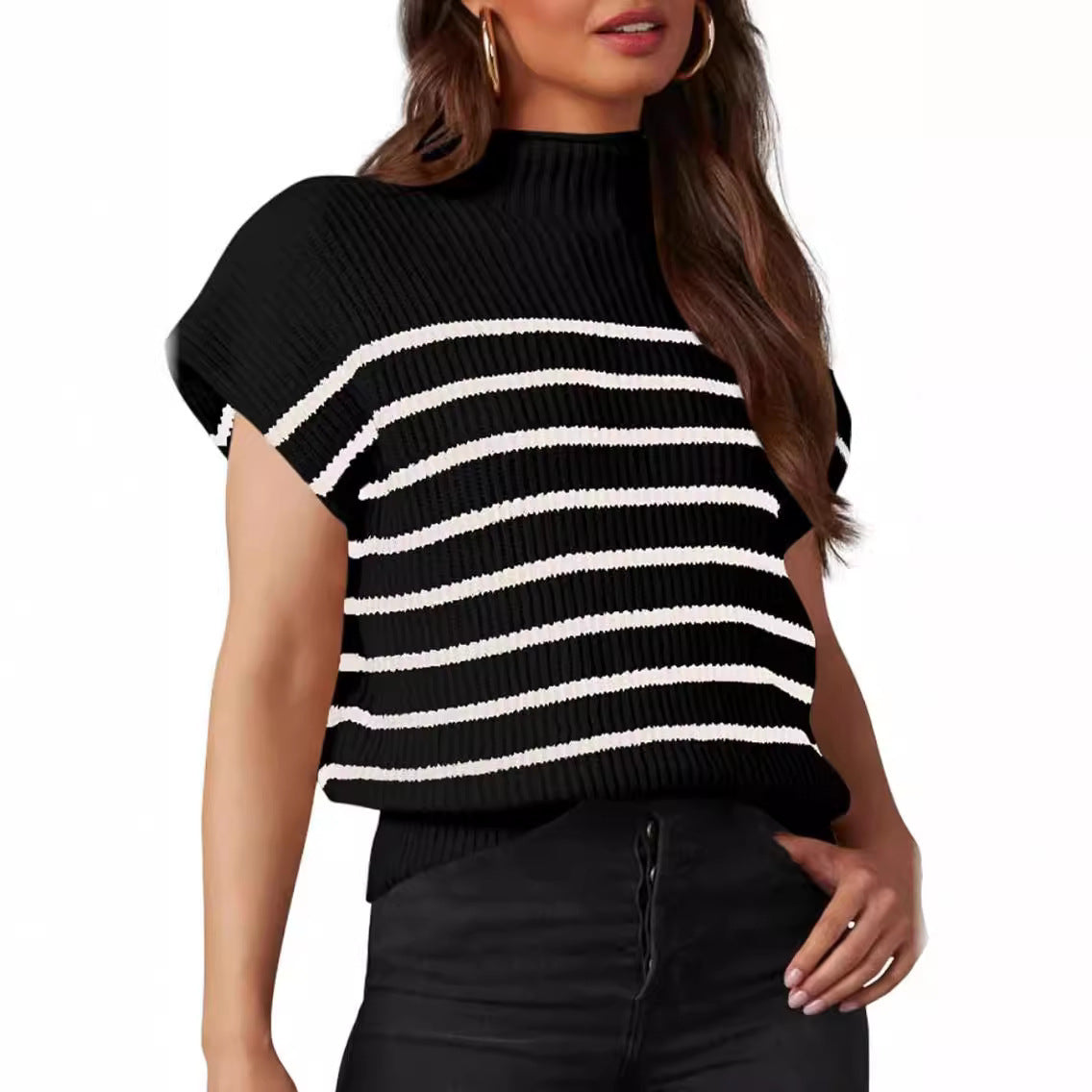 2024 Amazon European And American Women's Sweater Cap Sleeve Small Turtleneck TEUM Loose Rib Knitted Pullover Striped Top