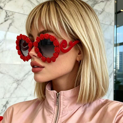 Vintage Three Dimensional Rose Round Frame Sunglasses For Women Sun Glasses
