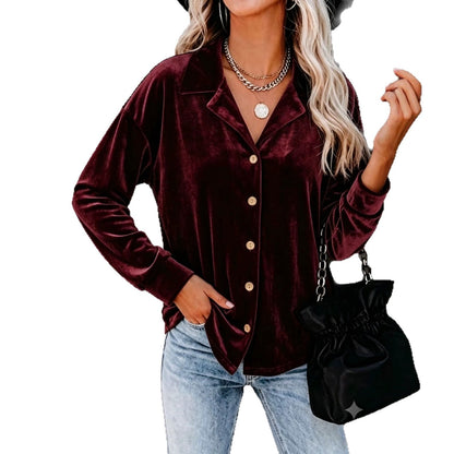 Casual Chic Button-up Velvet Long-sleeve Shirt