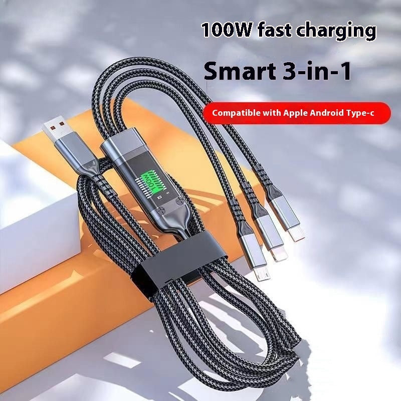 Mobile Phone Data Cable One-to-three Digital Display With Light Three-in-one Fast Charge Car Charging Cable