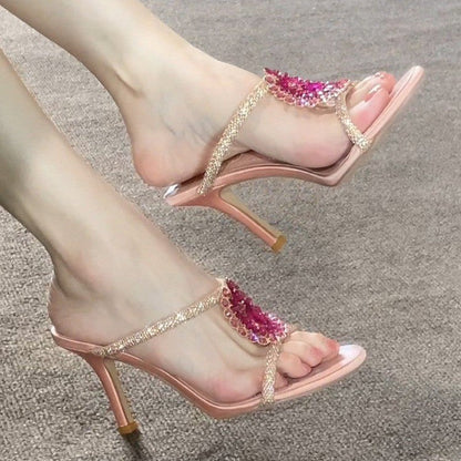 Sandals Women 2026 New Rhinestone Gem Slide Sandals Thin Strap High Heel One Strap Slides Luxury