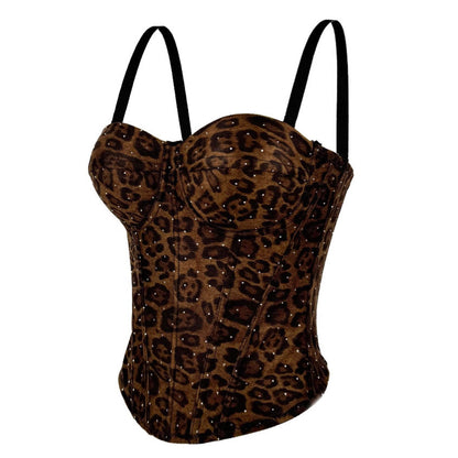 European And American Golden Brown Leopard Print Suede Short Vest With Inner Strap Can Be Worn Outside Stretch Gathered Fishbone Shaped Corset