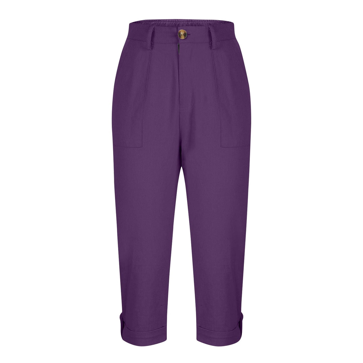 Cross-border Women's Solid Color Workwear Pants Waist Button Pants Ear Design Pants Leg Curled Women's Cropped Pants
