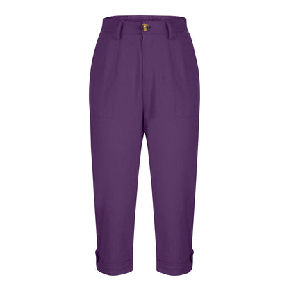 Cross-border Women's Solid Color Workwear Pants Waist Button Pants Ear Design Pants Leg Curled Women's Cropped Pants