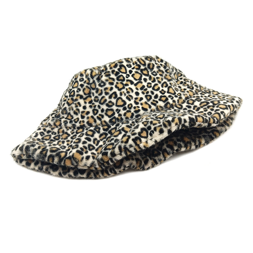 Trendy And Fashionable Leopard-print Boater Hat For Outdoor Use In Autumn And Winter, Featuring Multi-color Matching Plush Brim Hat