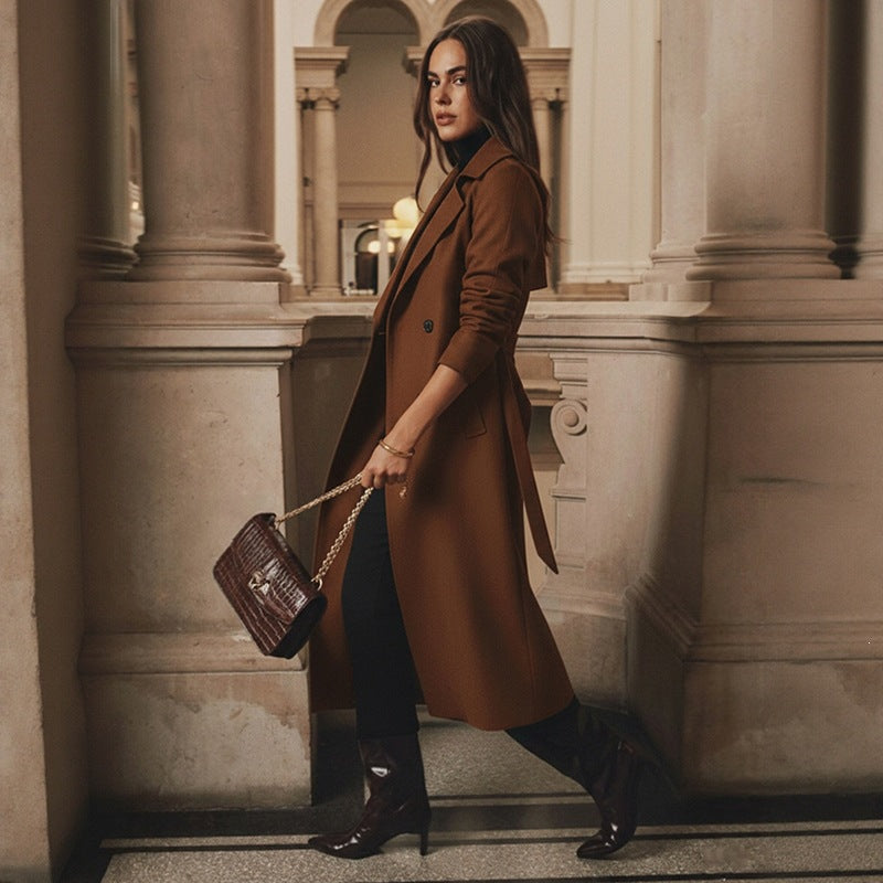Russian Cross-Border European And American Style Long Coat 2026 Autumn And Winter New High-End Elegant Tie Woolen Coat For Women