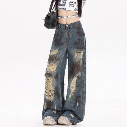 Womens American-style Distressed Wide-leg Jeans