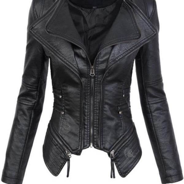 PU Leather Zippered Patchwork Jacket Coats