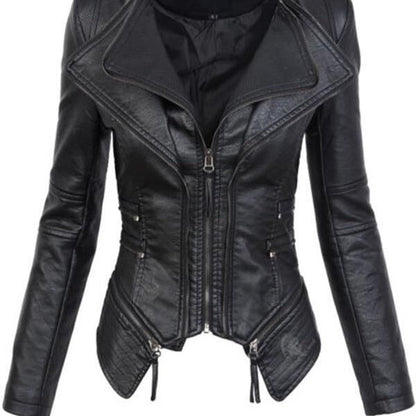 PU Leather Zippered Patchwork Jacket Coats