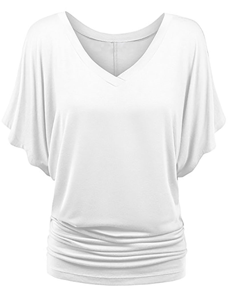 Plus-size Loose-fit Batwing-sleeve V-neck Short-sleeve T-shirt Top