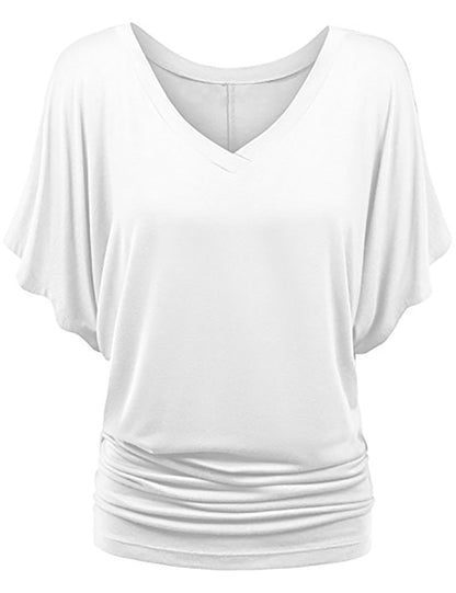 Plus-size Loose-fit Batwing-sleeve V-neck Short-sleeve T-shirt Top