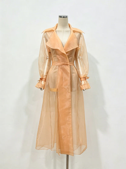 Sheer Organza Trench-Style Maxi Coat