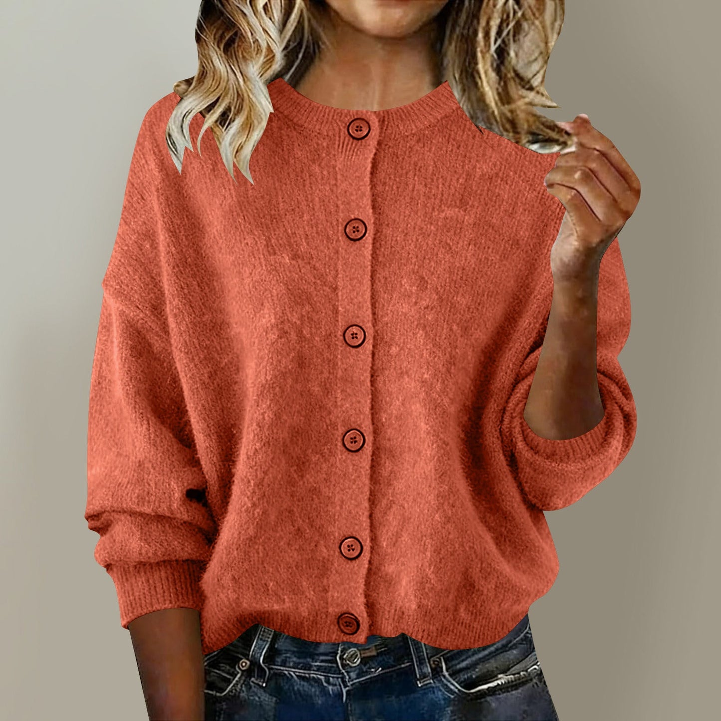 2025 European And American Cross-Border Autumn And Winter Women's Knitted Round Neck Long-Sleeved Pure Color Casual Fashion Knitted Cardigan