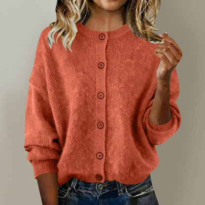 2025 European And American Cross-Border Autumn And Winter Women's Knitted Round Neck Long-Sleeved Pure Color Casual Fashion Knitted Cardigan