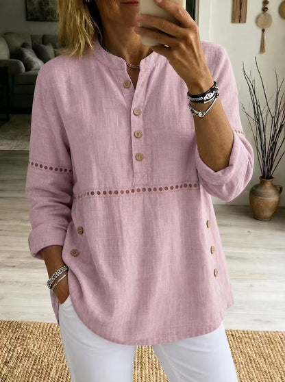 New Autumn And Winter Women's Clothing  Stand-up Collar Half-open Front Long-sleeved Top With Side Button Closure Loose Fit Casual Solid Color
