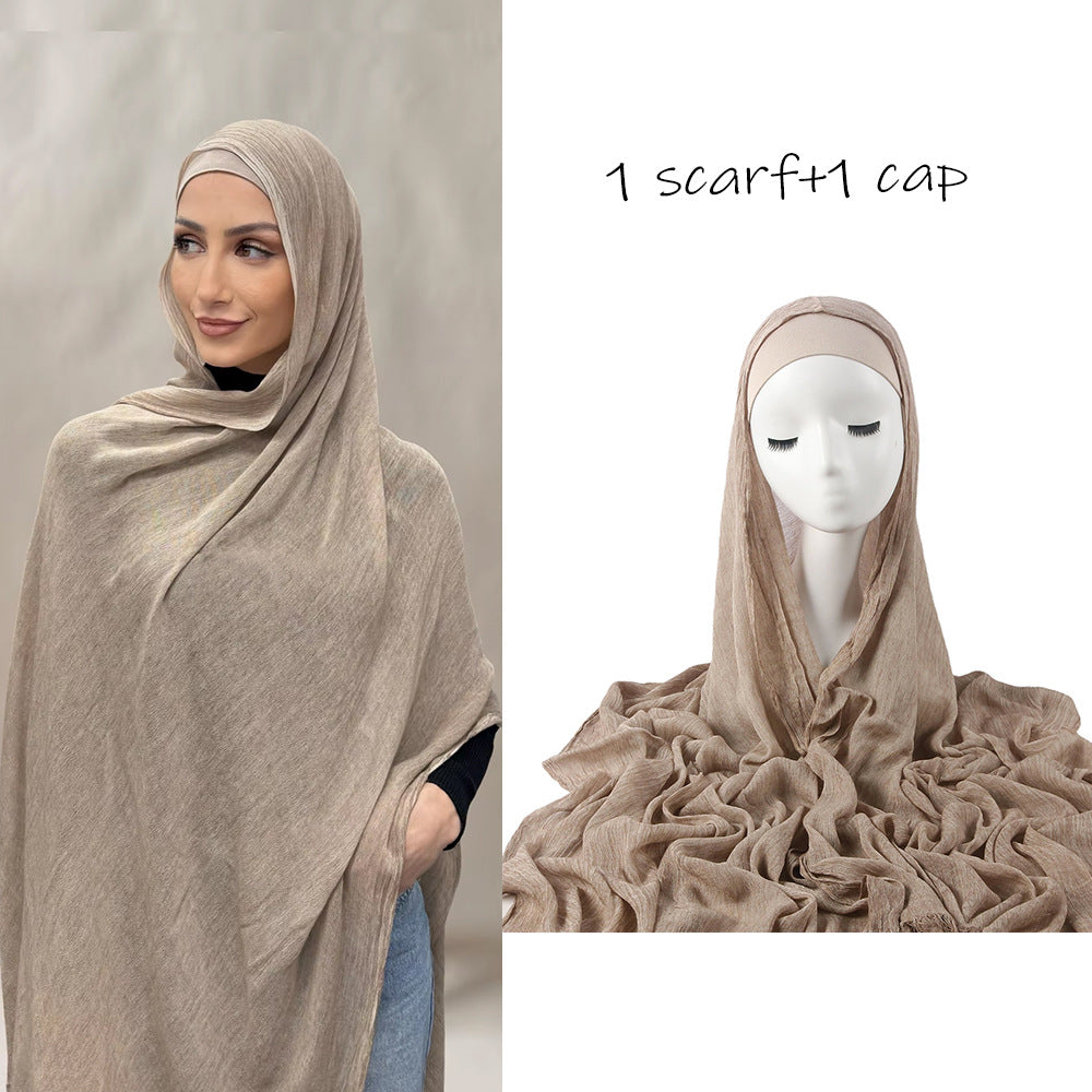 New Womens Solid-color Pleated Faux Hijab