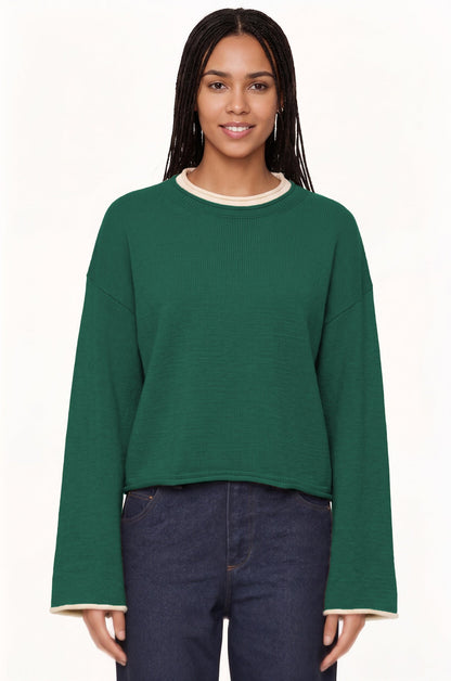 Womens Pullover Sweater Loose-Fit Round-Neck Casual Knit Top