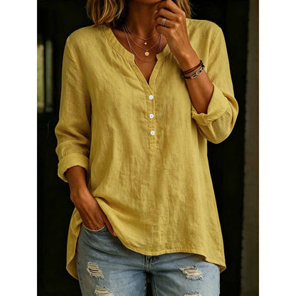 Womens Solid-Color Casual Loose-Fit Button-Up Shirt