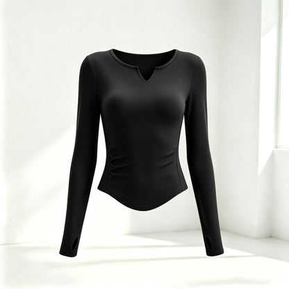 Small V-neck Pleated-waist Long-sleeve Womens Top
