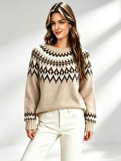 Womens Retro Fair-Isle Knit Crew-Neck Sweater