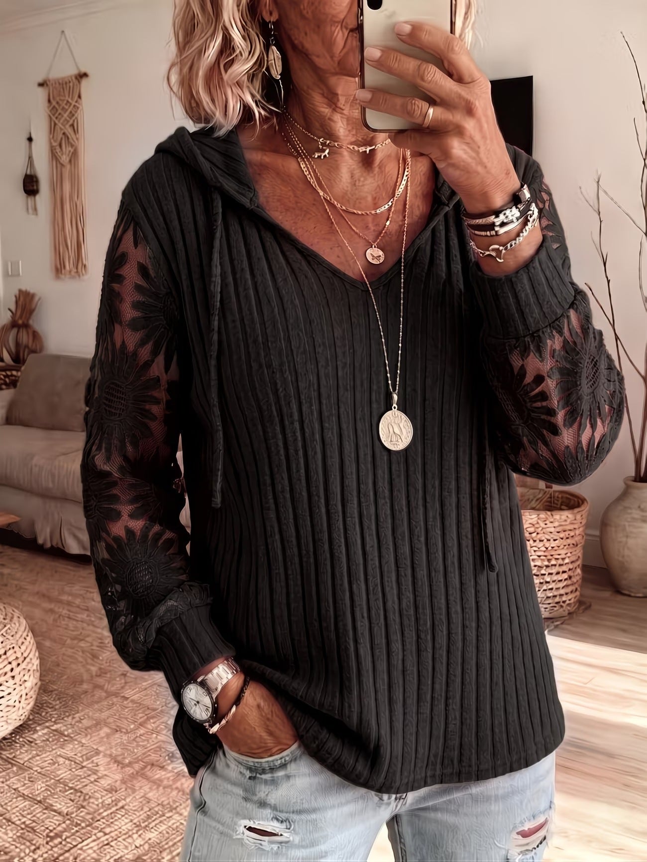 Women V Neck Hooded Sweatshirt Ribbed Knit Floral Lace Splicing Long Sleeve Drawstring Casual Pullover Tops