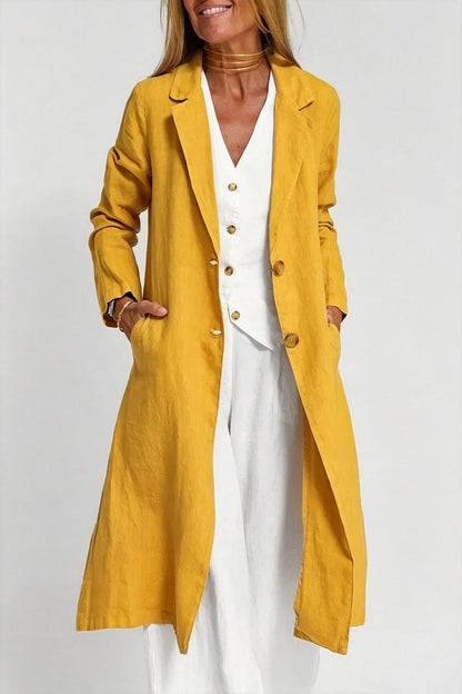Long-sleeve Buttoned Cotton-linen Trench Coat With A Suit Collar