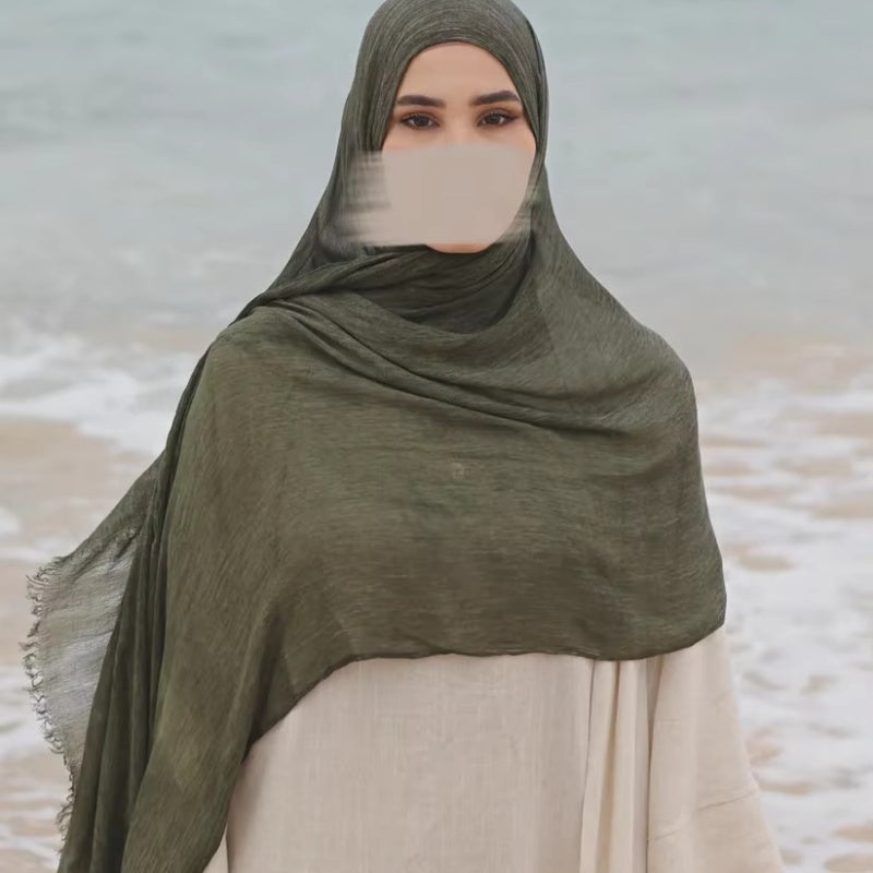 New Womens Solid-color Pleated Faux Hijab