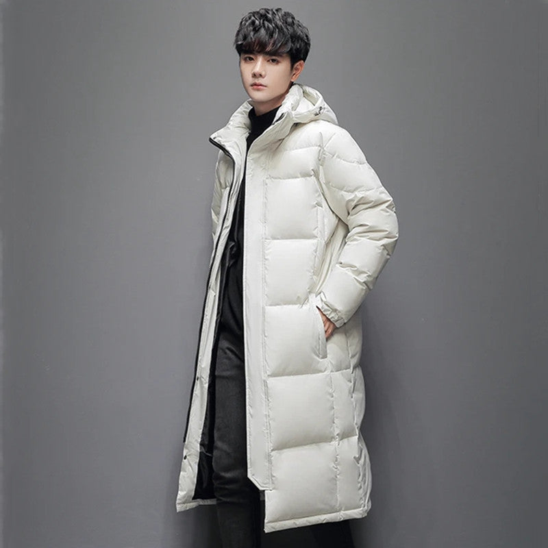 Mens Long Winter White Duck Down Hooded Coat That Goes Below The Knee