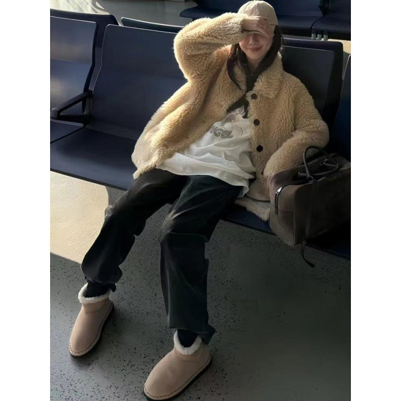 New Womens Wool Sheepskin Coat With A Lapel Collar