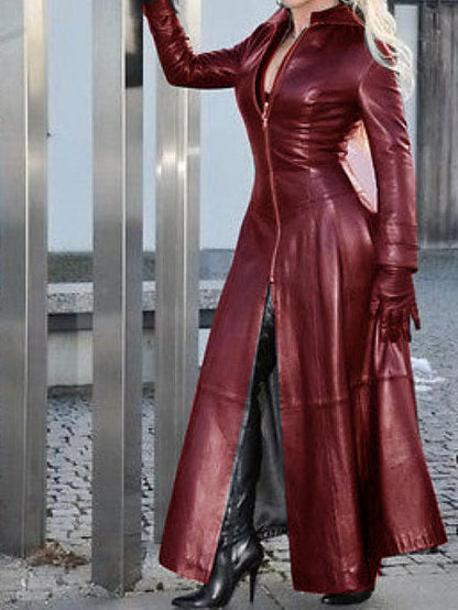 Women's Fashion Long Leather Coat With Stand Collar