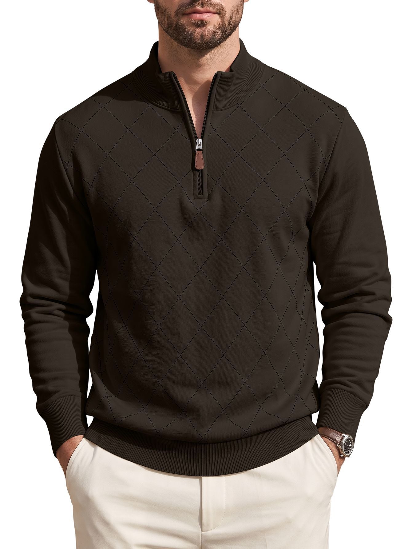 Mens Diamond-Check Half-Zip Long-Sleeve Casual Sweatshirt