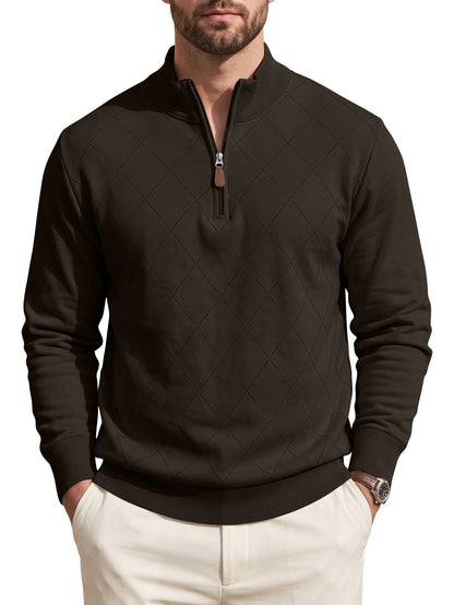 Mens Diamond-Check Half-Zip Long-Sleeve Casual Sweatshirt