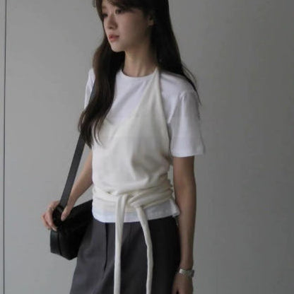 Solid-color Halter-neck Knitted Vest With A Belt