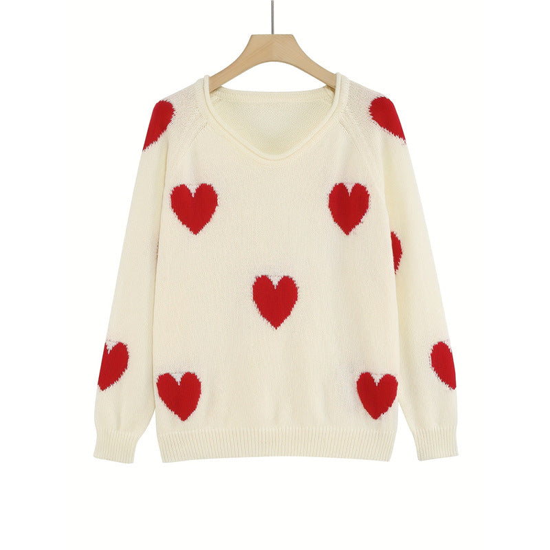 Overzied Casual Cream White All Over Red Heart Pattern Long Sleeve Knit Top For Women