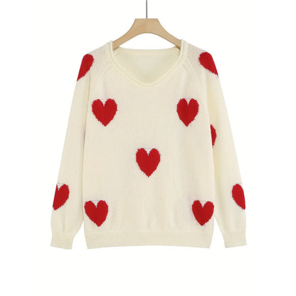 Overzied Casual Cream White All Over Red Heart Pattern Long Sleeve Knit Top For Women