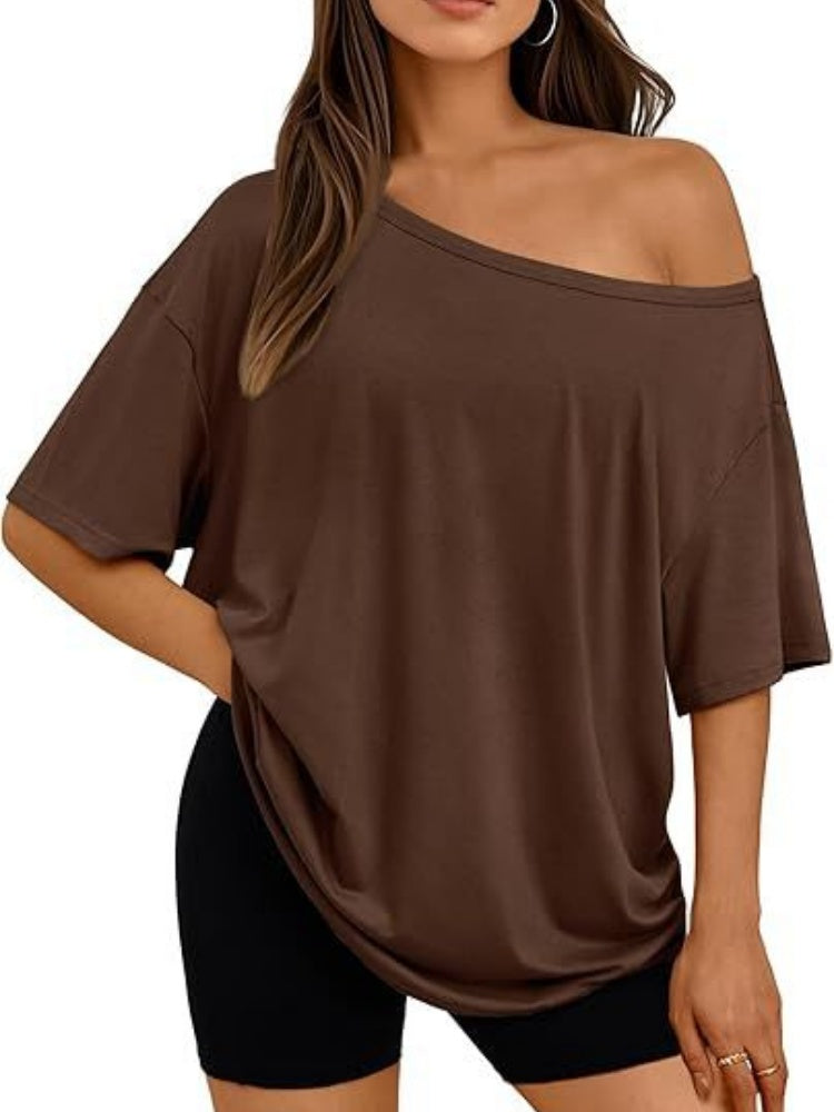 New Women's T-shirt Casual Fashion Slant Collar Top Women's Knitted Short Sleeve Top