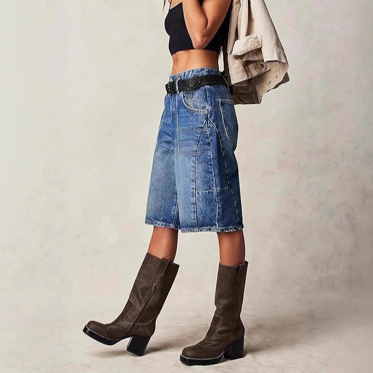 European And American Retro Washed Blue Denim Straight- Leg Cropped Pants
