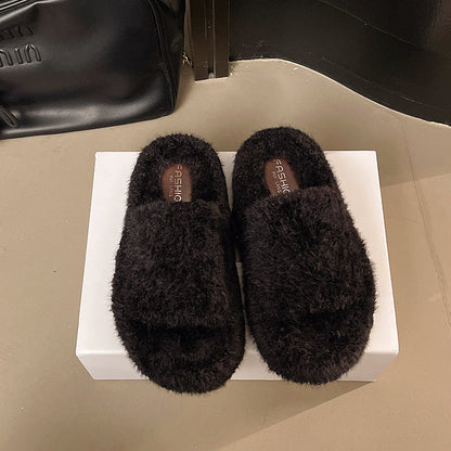 Platform Fall Winter Cotton Slippers 2026 New Fuzzy Slippers Women Outdoor Vintage Fashion Furry