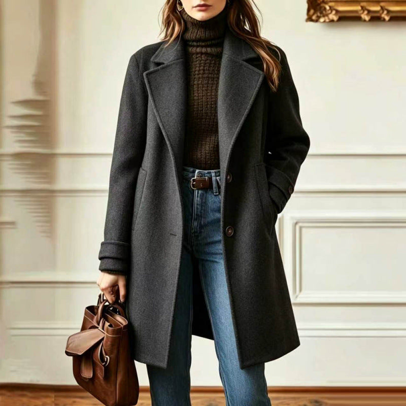 Elegant Midi-length Single-breasted Solid-color Wool Coat With A Lapel