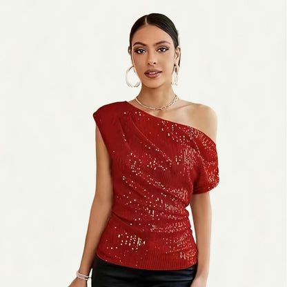 Sequin-Embellished Off-Shoulder Short-Sleeve Womens T-Shirt