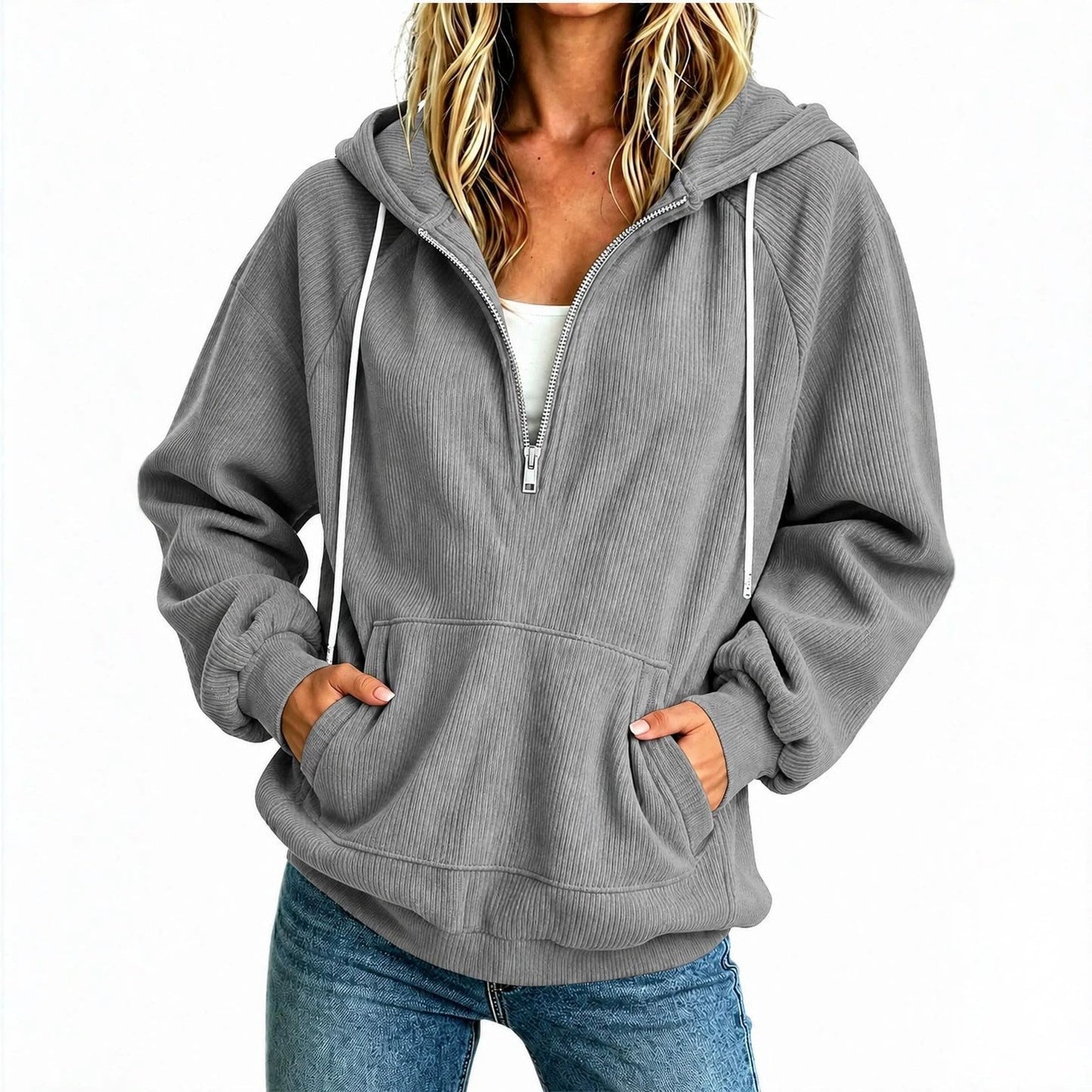 Womens Loose-fit Long-sleeve Half-zip Hooded Sweatshirt