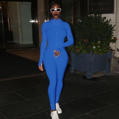 Women's Zipper Stretch Turtleneck Slim Fit Fitness Jumpsuit