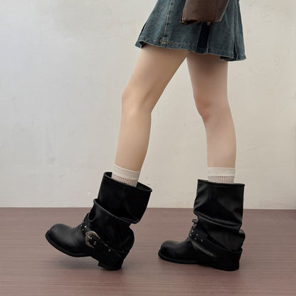 Women's Genuine Leather Ruched Western Cowboy Martin Boots, 2026 Autumn New Arrival, Versatile Platform Chunky Heel Pants Shaft Ankle Boots